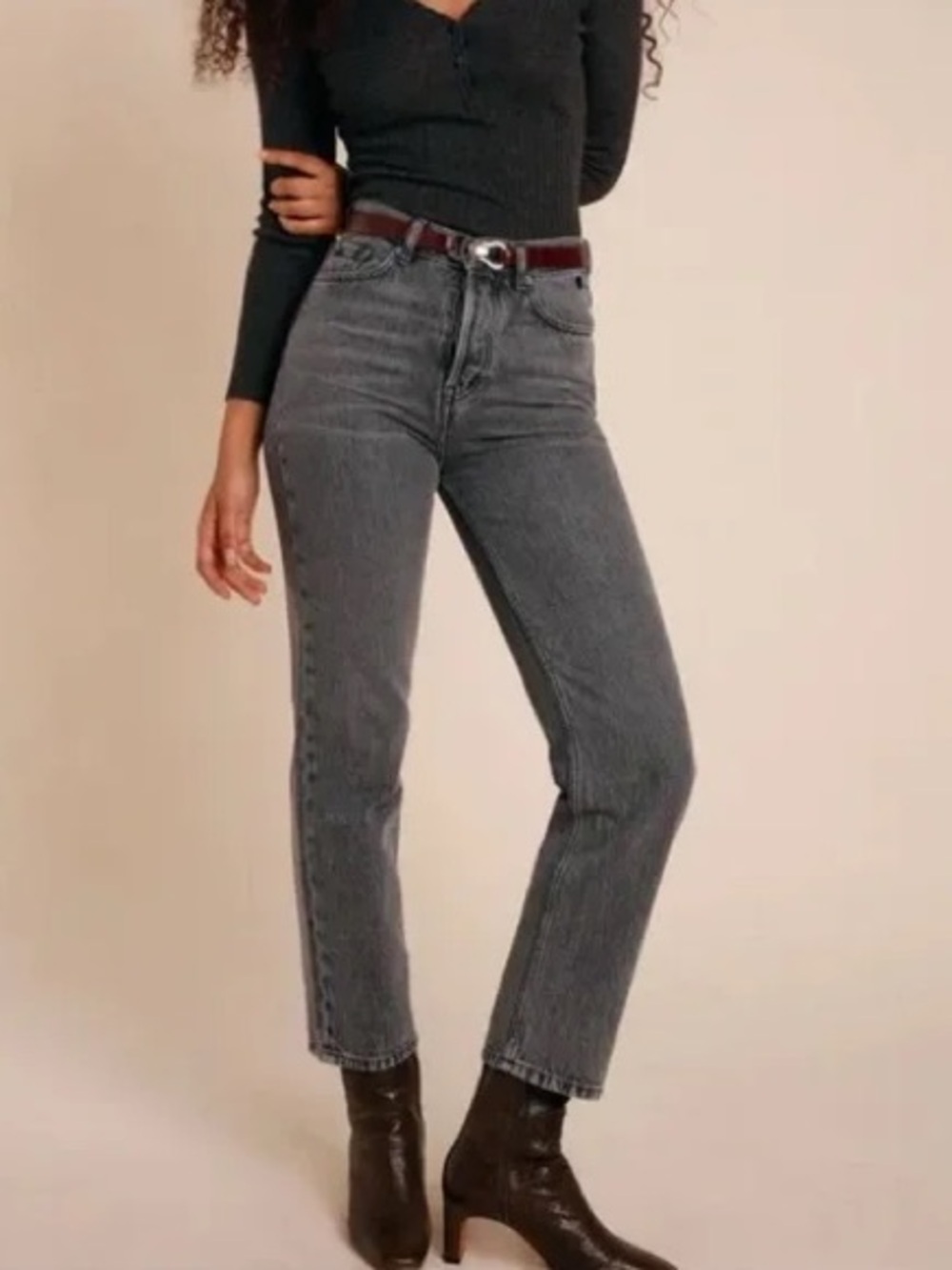 Rouje Paris Marais Straight Leg Jeans In Gray / Black 25 button fly faded look